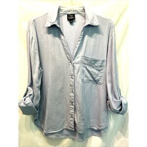 Oak & Trellis Women’s Large Linen Blend Blouse Blue V-Neck Roll Tab Sleeve Beach